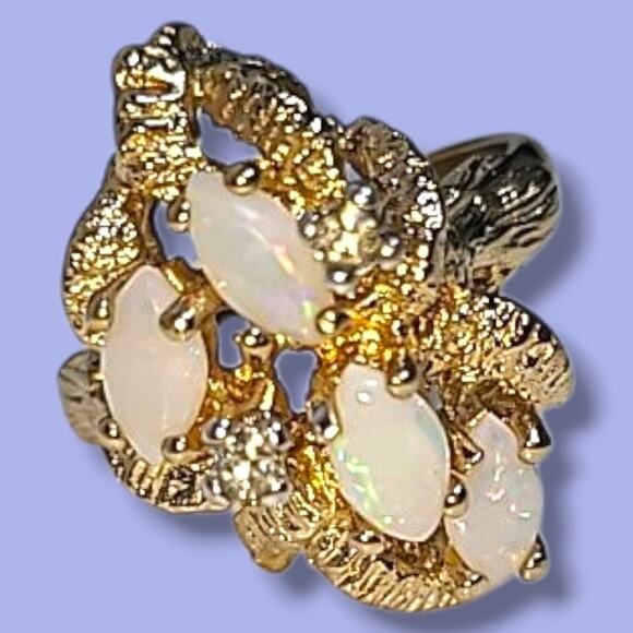 Vintage 18K HGE Gold Plated 4 White Opals & CZ Cocktail Ring Size 4.5 - Picture 9 of 16